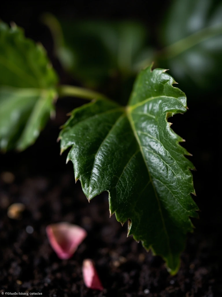 Close-up of the leathery, serrated foliage of Mme. Isaac Pérère with a fallen petal at the base.